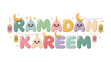 Obraz premium Ramadan Kareem: A festive and colorful Ramadan Kareem banner, with adorable cartoon letterings, crescent moons, and lanterns that captures the spirit of the holy month.