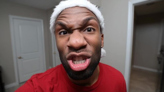 A man shares humorous and exaggerated facial expressions in his home while wearing a Santa hat. The cheerful atmosphere reflects the joy of the holiday season