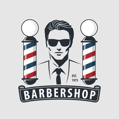 Classic Barbershop Sign with Stylish Male Portrait and Barber Pole Design. Vector illustration