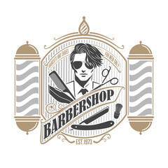 Classic Barbershop Sign with Stylish Male Portrait and Barber Pole Design. Vector illustration