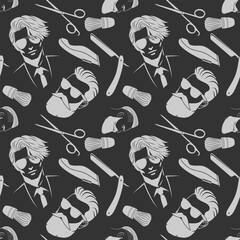 	
Barbershop seamless pattern with hipster face, hairdressing scissors and razor. Vector illustration