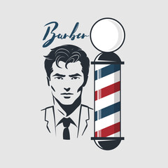Classic Barbershop Sign with Stylish Male Portrait and Barber Pole Design. Vector illustration