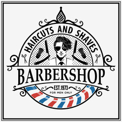 Vintage Barbershop Emblem Featuring Stylish Man and Classic Grooming Tools. Vector illustration