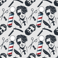 	
Barbershop seamless pattern with hipster face, hairdressing scissors and razor. Vector illustration