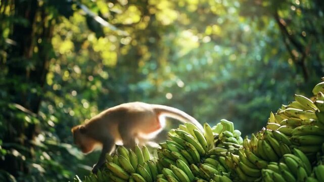 A small monkey sits atop a bright banana cluster in a sunlit forest, surrounded by lush foliage now