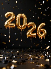 Luxury New Year 2026 Party Celebration with Gold Balloons and Confetti