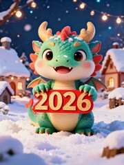 Cute 3D Character Baby Dragon Holding 2026 New Year Sign