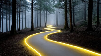 A glowing path deep in a dark, foggy forest with tall pine and spruce trees.