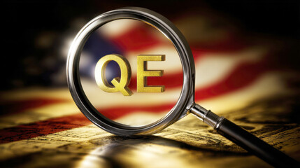 Quantitative easing magnifying glass on USA flag background.