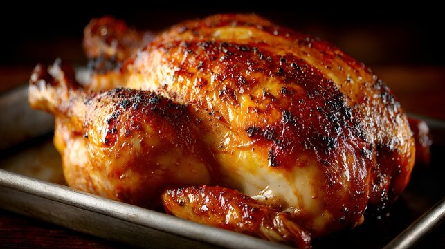 Appetizing roasted chicken with crispy golden-brown skin sits on a metal baking sheet, ready to be served for a delicious family dinner meal.