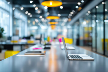 office room interior with table and seats, laptop and window. Mockup