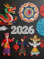 Detailed Paper Cut-out Art of Diverse Cultures Celebrating 2026 New Year