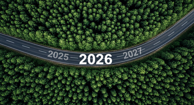 Road from 2025 to 2026 Through Green Forest, Future Progress and New Year Transition Concept