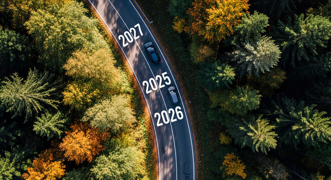 Aerial Road from 2025 to 2026 Surrounded by Autumn Forest, New Year Transition and Future Progress Concept