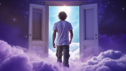 Celestial doorway transition into surreal cosmic dreamscape with purple clouds and radiant light in fantasy exploration concept