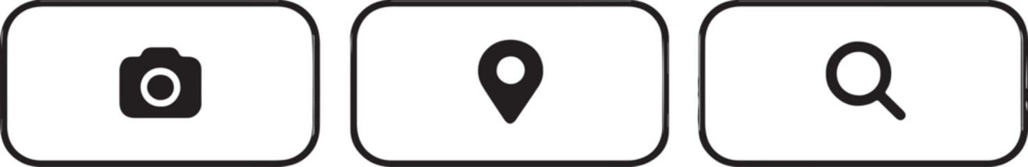 Vector  illustration of Camera, location pin, and search magnifying glass icons in rounded rectangles, isolated on white background and  transparent background