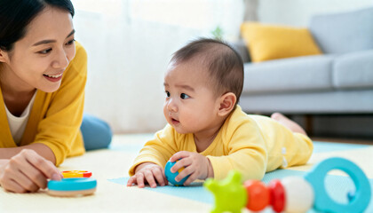 Fototapeta premium Asian woman playing with baby on soft floor mat, surrounded by colorful toys, fostering early development and bonding in a bright, cheerful living space