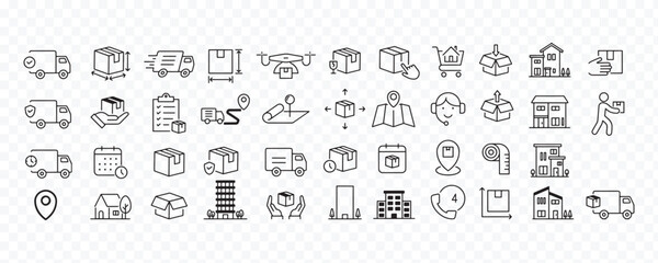 A modern outline logistics and delivery icon set featuring shipping, courier service, warehouse, package handling, tracking, location, drone delivery, customer support and ecommerce distribution symbo