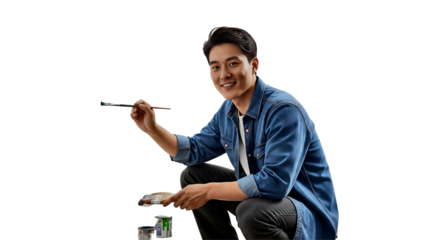 A smiling person enjoying a moment of painting a mural