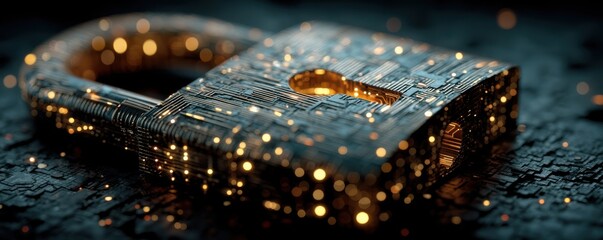 Futuristic digital lock with circuit texture and golden glow, symbolizing AI security and advanced technology