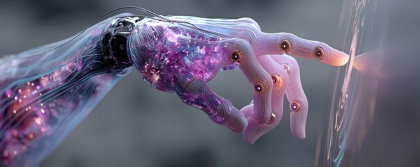 Futuristic robotic hand reaching toward a glass surface, a digital illustration of AI technology