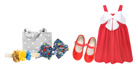 adorable girl's special occasion dress and accessories featuring a polka dot dress with a bow, tote bag, and cute little red shoes