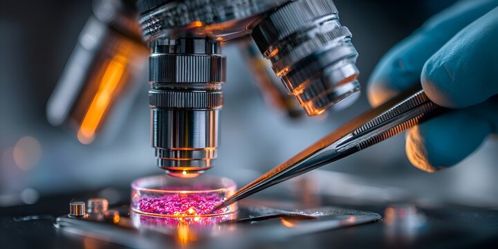 Gloved hand using tweezers with a microscope focused on a petri dish containing a brightly lit sample in a research laboratory setting.