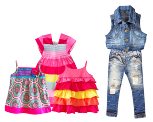 colorful array of children's clothing featuring dresses and denim creates a playful and vibrant fashion statement in a studio shot