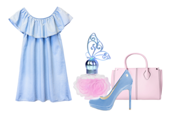 elegant ensemble featuring a blue dress, perfume, high heels, and a pink handbag captures sophisticated fashion and style for seasonal marketing promotions