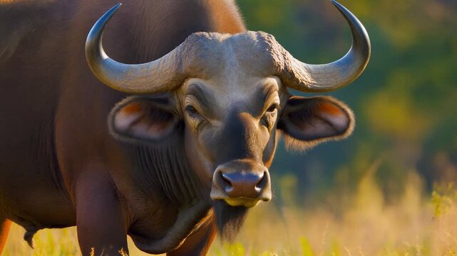 Ultra HD buffalo close-up portrait with rugged texture and detailed horns, cinematic warm lighting, 4k.