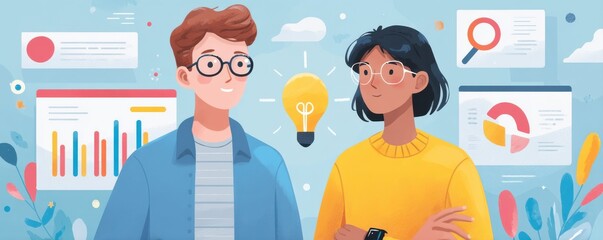 Two colleagues brainstorm ideas with a lightbulb moment amid charts, graphs, and colors