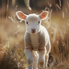 Obraz premium A cute little lamb looking ahead in a green meadow or pasture.