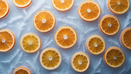 Orange slices on frosty surface — AI generated