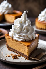 Slice of pumpkin cheesecake with whipped cream &mdash; AI generated
