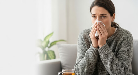 Sick woman blowing nose with tissue on sofa. Female with cold or flu symptoms drinking tea at home. Healthcare concept with copy space