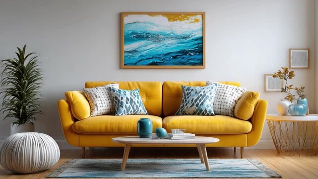Sunny Living Room: A cozy living space, featuring a bright yellow sofa complemented by patterned pillows, a round coffee table, and an artistic painting.