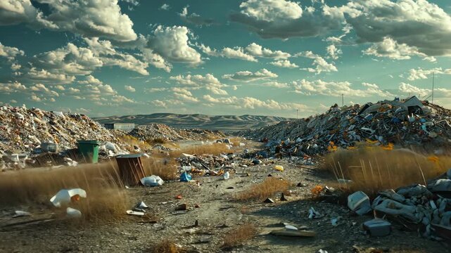 selective focus on landfill site with massive waste piles