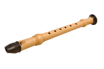 A beige plastic recorder with finger holes a tapered mouthpiece and subtle ridges near the bell