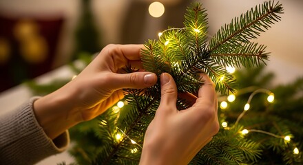 Hands decorating a Christmas tree with glowing lights in a cozy indoor setting