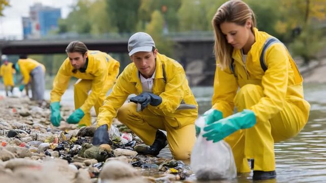 Cleaning the shore: Dedicated individuals in protective gear work to rid the environment of litter, preserving the natural beauty of the area for future generations.