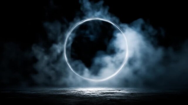 A glowing ring rises from mist over a dark sea casting eerie blue reflections across rippling water