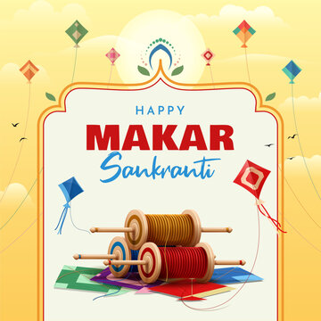 happy makar sankranti square banner with kites and latai creative illustration