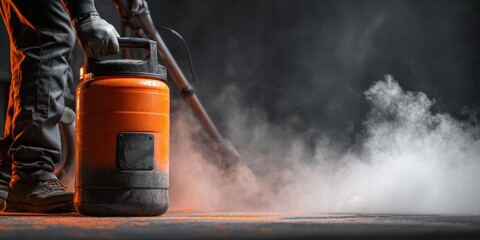 High quality photo of Professional industrial floor cleaning with steam cleaner and orange equipment in a dark warehouse setting