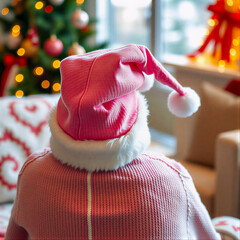 Girl Wearing Warm Winter Hat and Turtleneck near Holiday Lights,woman in pink hat, woman in pink wither clothes 