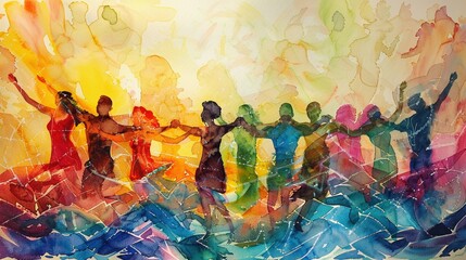 An inspiring watercolor mural depicting a diverse group of people united in harmony  ,3D
