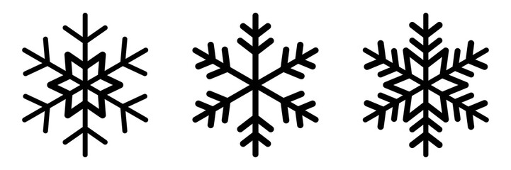 Perfect for winter holiday designs. Four simple black snowflake icons on a white background for winter design snowflake icon set. Christmas and New Year icon collection silhouette Vector illustration.