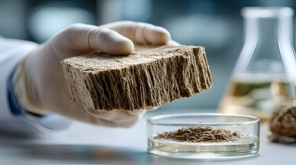 Hand in glove holding brown fibrous material sample above petri dish in a science lab with beaker in background for analysis shown at eyelevel.
