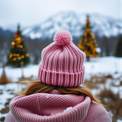 Candid Lifestyle Portrait of Woman in Pink Beanie with Bokeh Christmas Lights,Winter Fashion Concept: Knitted Pink Hat and Beige Sweater in Festive Home Setting,woman in snow with hat