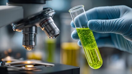 In a research laboratory a gloved hand carefully holds a test tube with green liquid in front of a microscope analyzing samples for science.