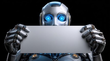 Artificial intelligence robot holding blank sign against black background